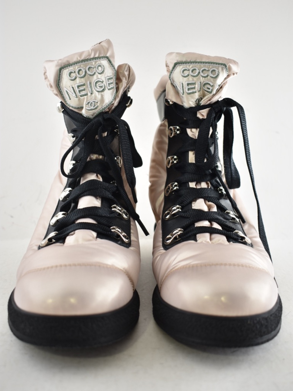 Chanel 18B Coco Neige Pink Black CC Logo Snow Winter Lace Up Tie Combat Boots 37 - Picture 8 of 16
